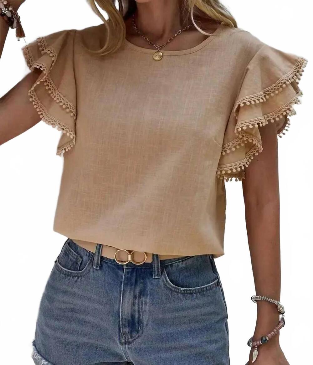 NEW LOVESOFT ruffle sleeve pom pom top in khaki
